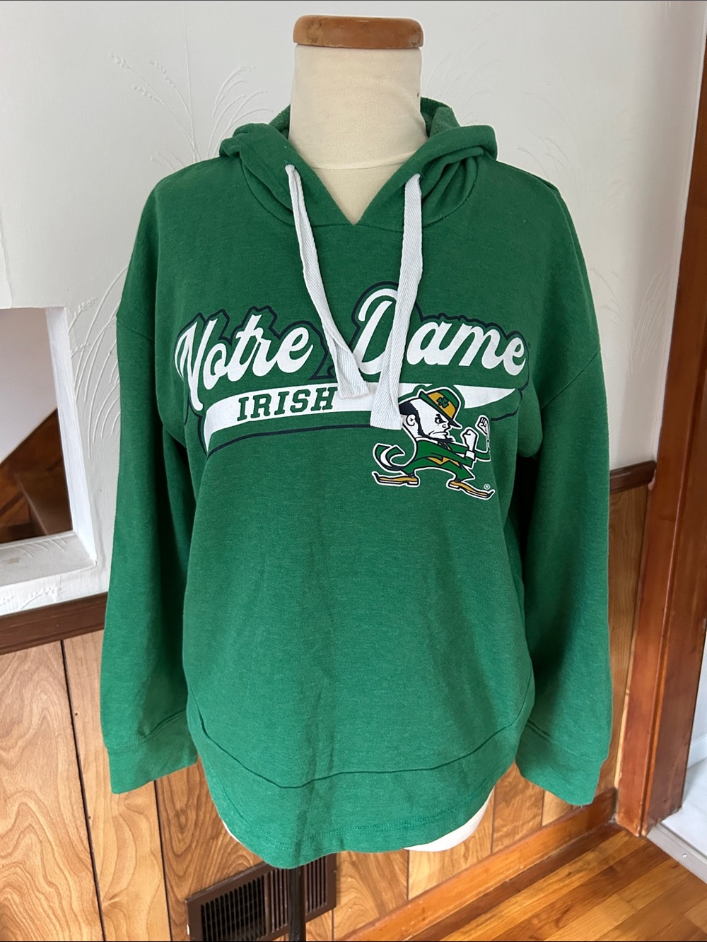 Green Notre Dame Hoodie with White Drawstrings